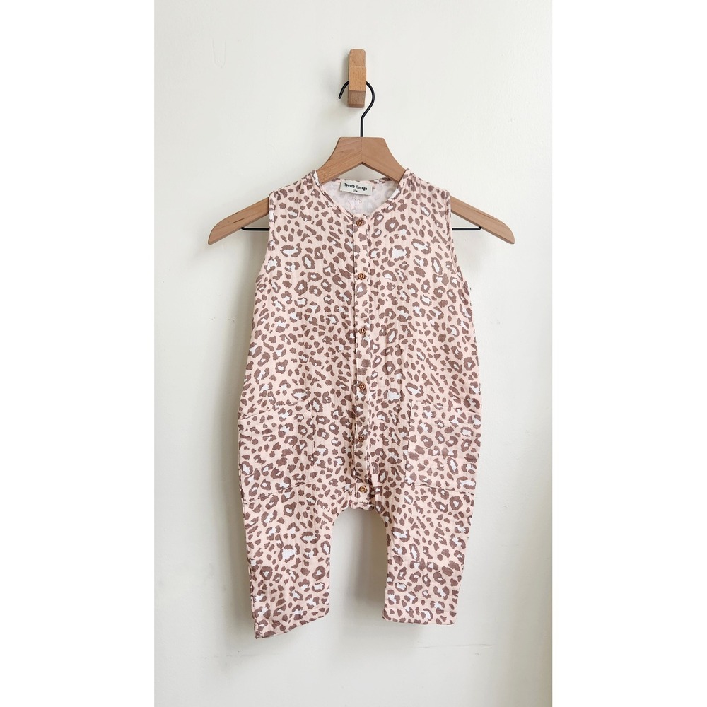 Tocoto Vintage Romper Kids 18 Months Pink Leopard Print Cotton Button Front Boho